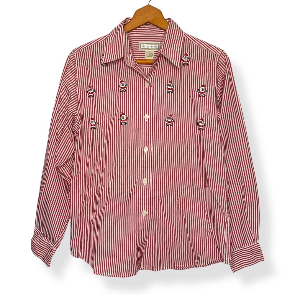 Vintage 90s women's red white striped embroidered Santa long sleeve shirt US 8